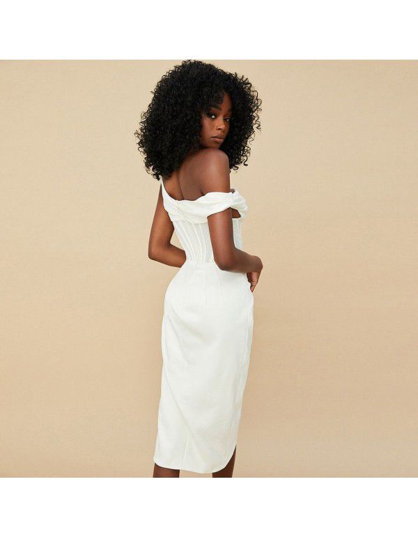 Women's diagonal shoulder fishbone pleated backless tight split panel sexy temperament dress 