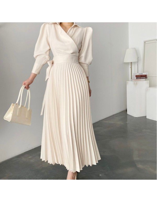 New lapel side bow tie waist show thin bubble sleeve pleated dress 