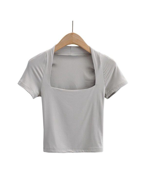 Low cut square neck, slim fit, open navel, short T-shirt, women's summer new elastic, slim fit, solid color, short sleeve top, fashion