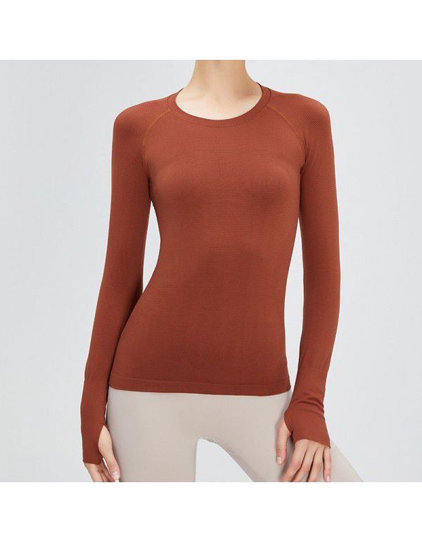 Cross-border new fitness top women's long-sleeved seamless elastic knitting sports T-shirt solid color round neck lulu yoga suit 