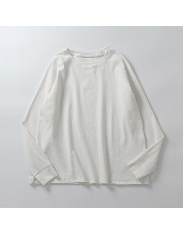 Japanese simple literary style pure white round-neck pullover T-shirt for women's versatile bottom brushed comfortable raglan sleeve top 