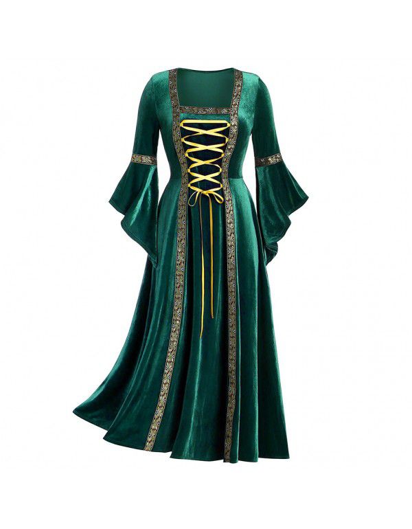 Women's Gothic Punk Style Long Sleeve Lace Gold Velvet Dress Gown