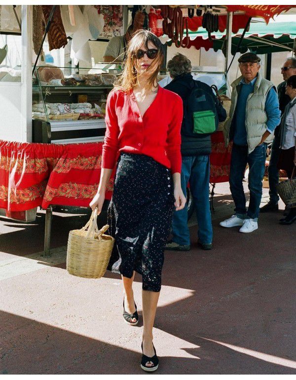Summer New French Wrap Skirt Retro Wind Dot Print Skirt Side Split Button Mid Length Skirt