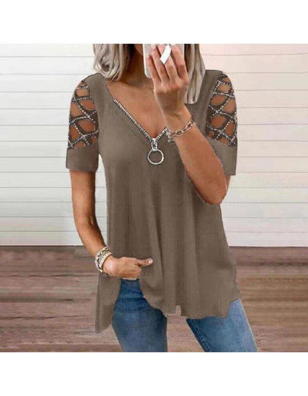 Fashion V-neck Solid Cut Out Short Sleeve Hot Diamond Casual Top