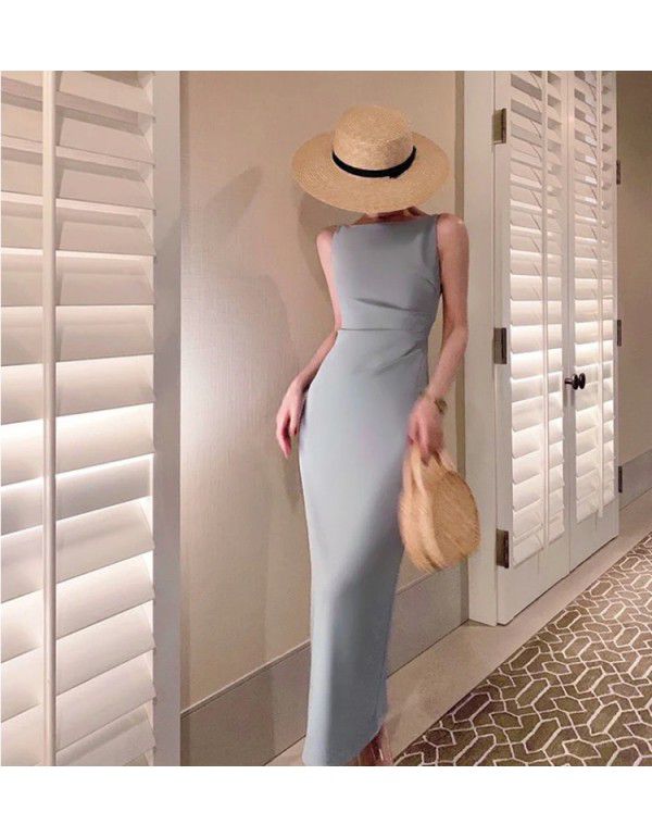 Summer New French Vintage Hepburn Dress Off the Shoulder Sleeveless Long Dress Slim Hepburn Dress 