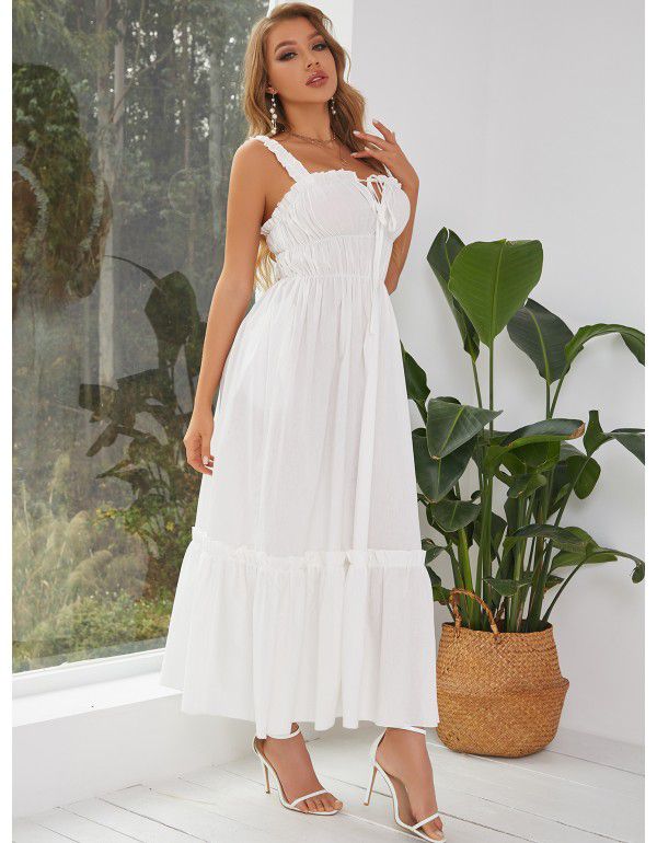 Summer Women's Fashion Leisure Vacation Wooden Ear Edge Long Dress Lace up Pressed pleat Pull up Large Swing Dress 