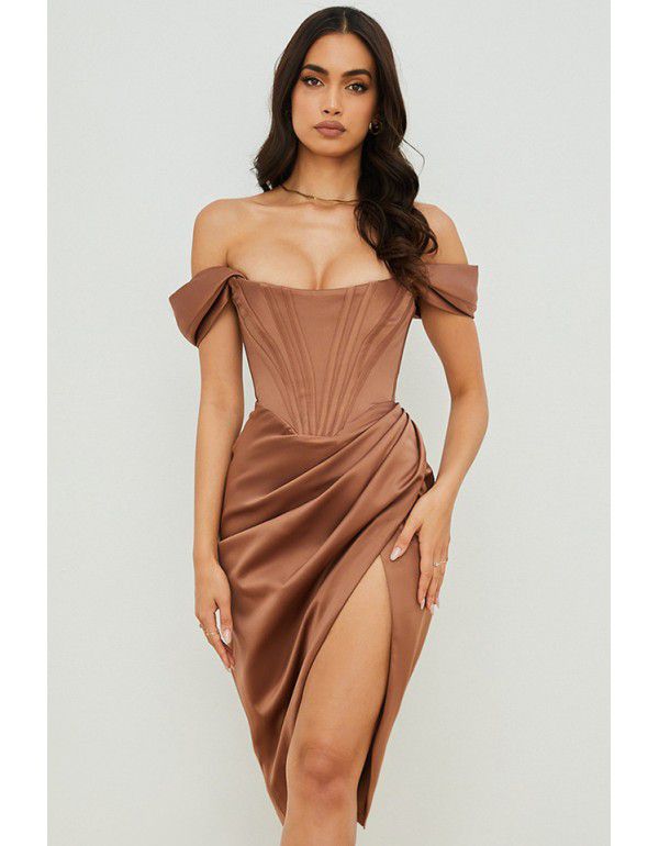 Solid color fishbone suspender sexy slit dress for women 
