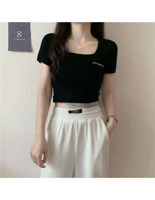 T-shirt Women's Summer Short Sleeve Short Open Umbilical Dress Tight Korean Chic Design Sense Small Spicy Girls