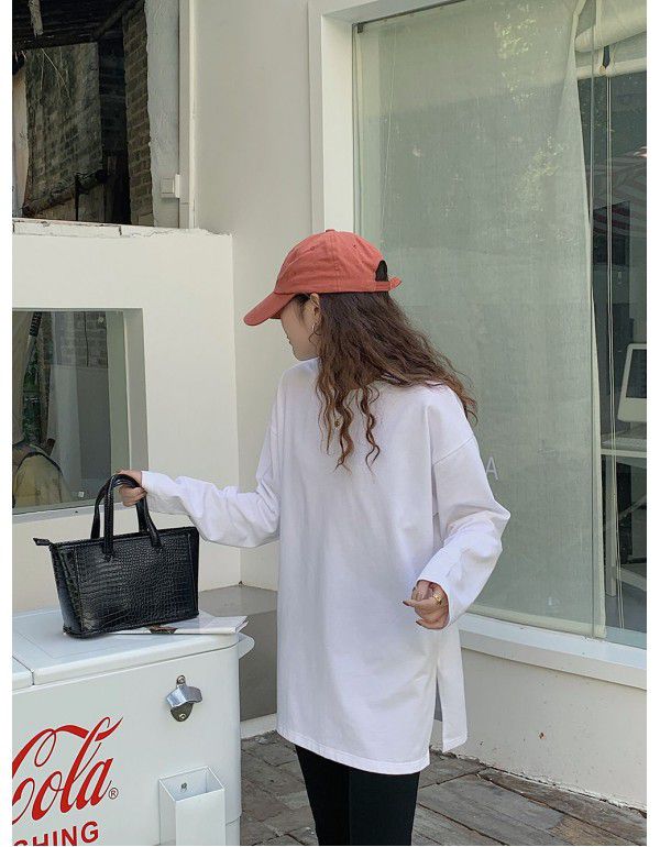 Solid color split long-sleeved T-shirt women's 2022 spring new Korean loose casual top bottom 
