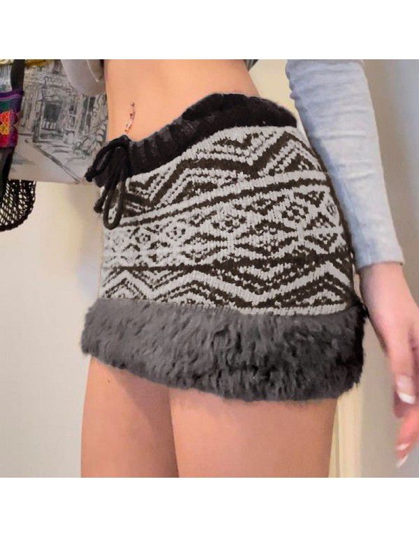 Sen style retro style fur patchwork lace up wool woven skirt in autumn and winter contrast color low waist spicy girl wrap hip skirt