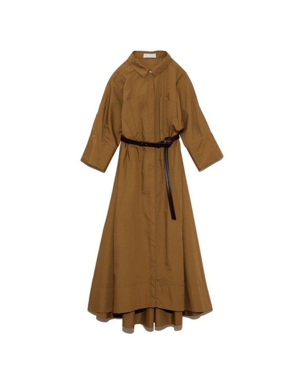 Women's new spring and summer lapel belt three-quarter sleeve shirt temperament women's medium length dress 