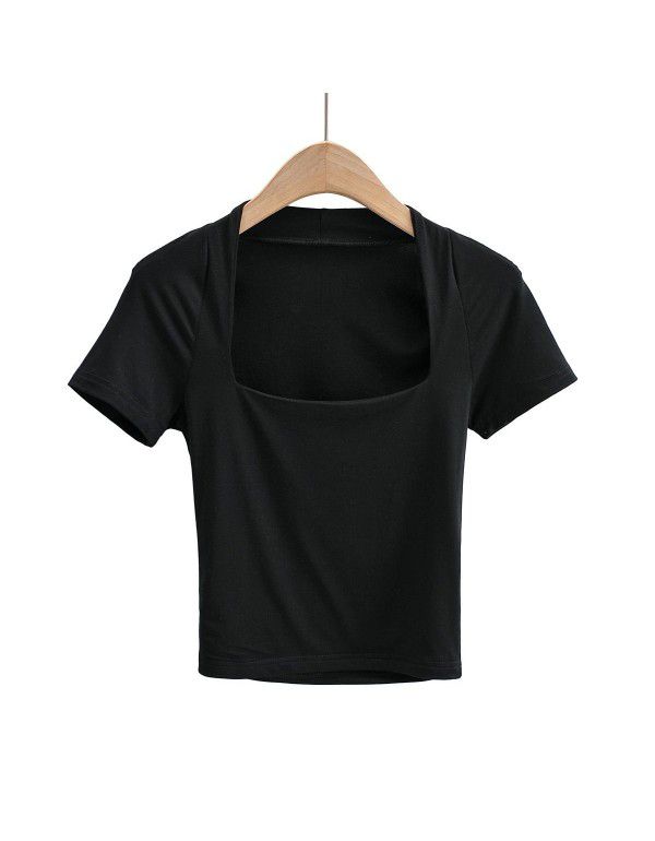 Low cut square neck, slim fit, open navel, short T-shirt, women's summer new elastic, slim fit, solid color, short sleeve top, fashion