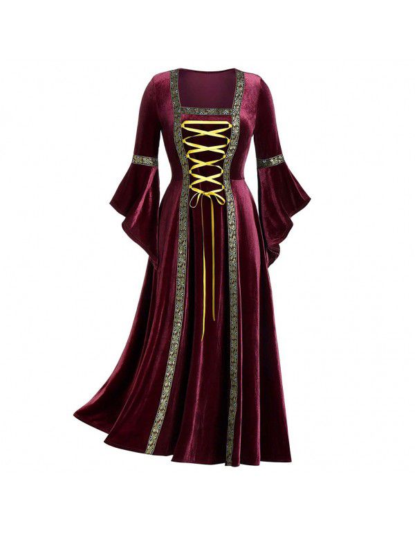 Women's Gothic Punk Style Long Sleeve Lace Gold Velvet Dress Gown