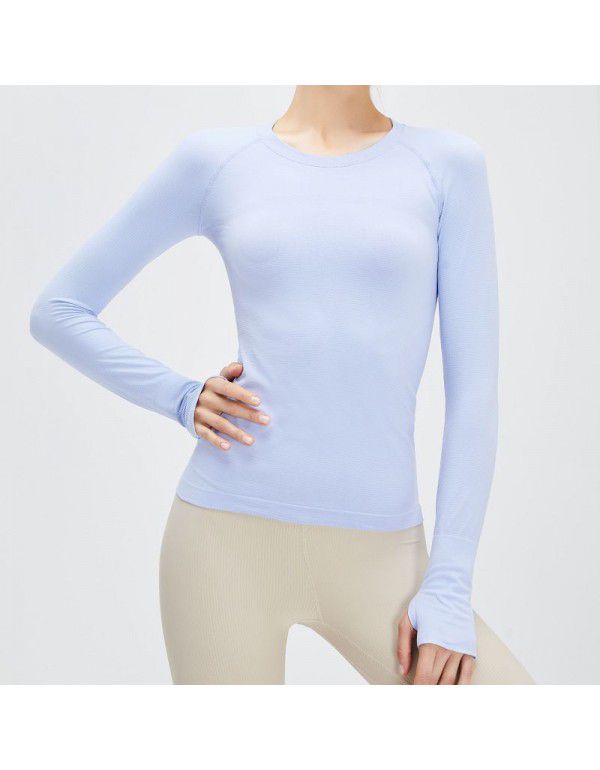 Cross-border new fitness top women's long-sleeved seamless elastic knitting sports T-shirt solid color round neck lulu yoga suit 
