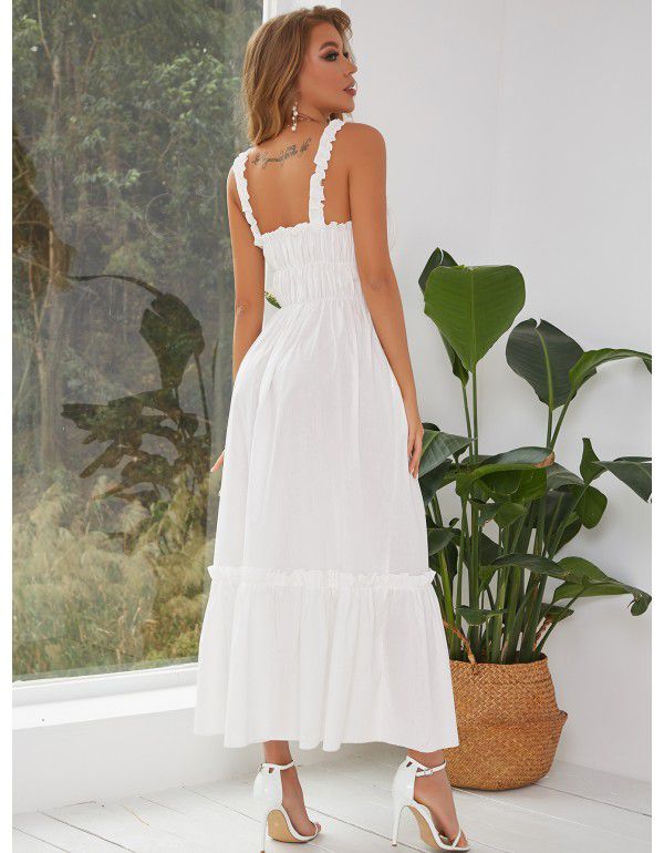 Summer Women's Fashion Leisure Vacation Wooden Ear Edge Long Dress Lace up Pressed pleat Pull up Large Swing Dress 
