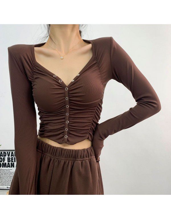 Spicy Girls Spring New Tight Sexy Pleated V-Neck Slim Bottom Shirt Women's Long Sleeve T-shirt Fashion European and American Style 