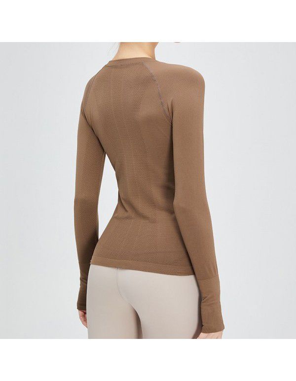 Cross-border new fitness top women's long-sleeved seamless elastic knitting sports T-shirt solid color round neck lulu yoga suit 