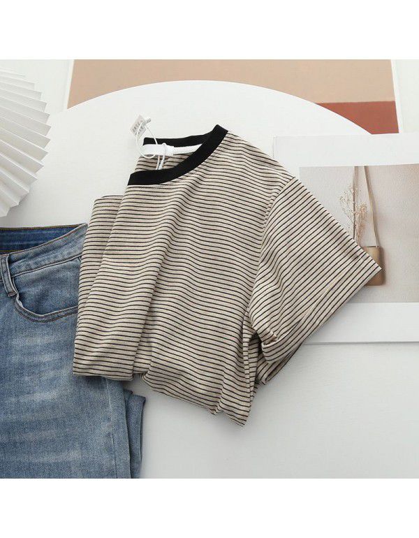 Stripe Color Matching Short Sleeve T-shirt Women's Ins Fashion Women's Pure Cotton Bottom Shirt 2023 Summer Loose Design Feel Top Wholesale