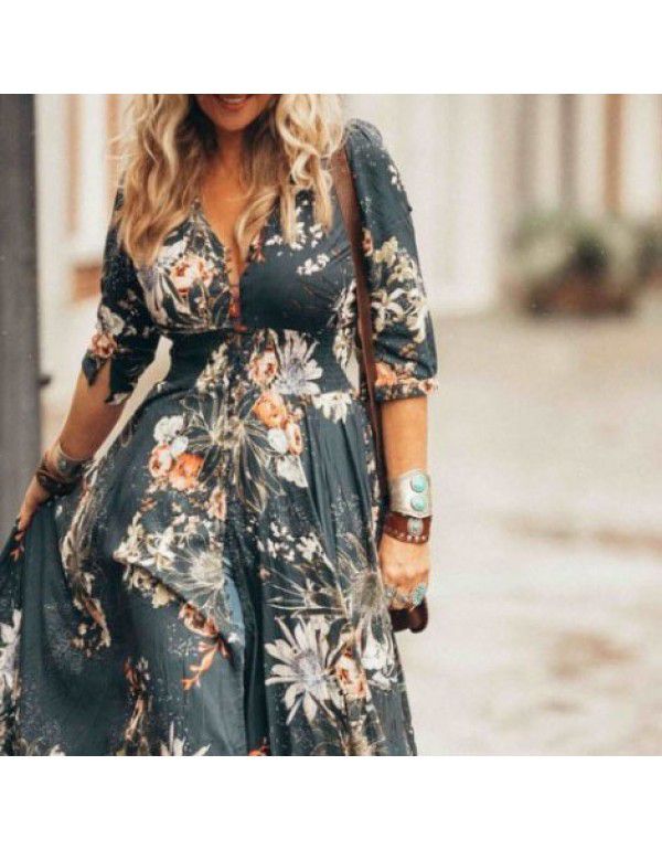 Summer low-key luxury and simple girls' oversized women's personalized print design V-neck sexy dress 