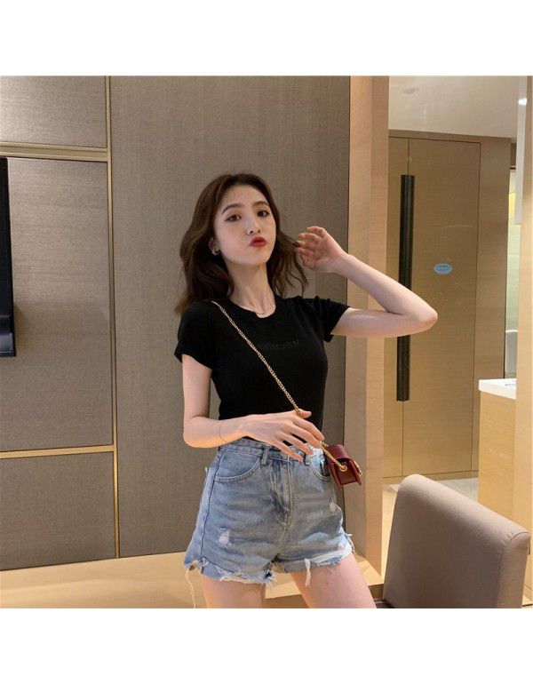 Letter Embroidery 2021 Summer South Korea New Short Sleeve T-shirt Female Slim Student Clothing Female Top Women's Clothing Wholesale 