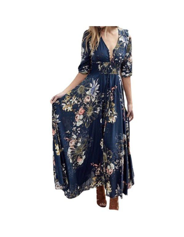 Summer low-key luxury and simple girls' oversized women's personalized print design V-neck sexy dress 