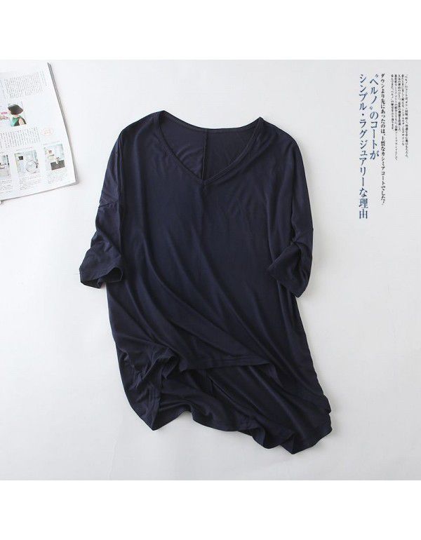Spring and summer new Modal bat sleeve medium sleeve t-shirt women's casual Korean V-neck solid color large half sleeve bottom shirt 