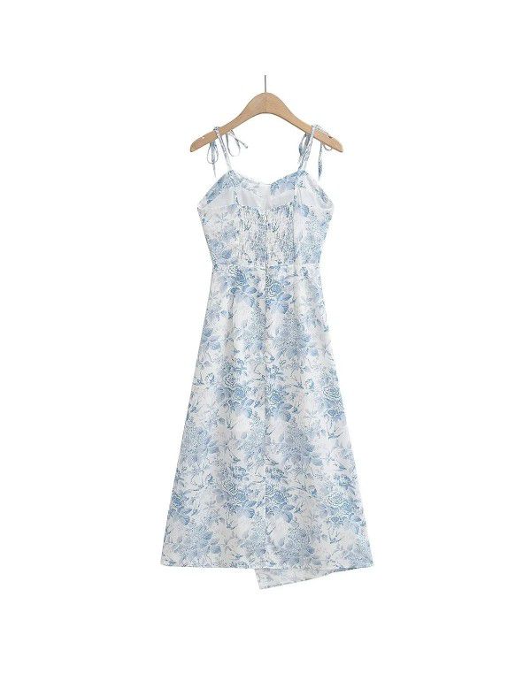 Spring Slim Slim Floral Slim Dress French Slim Slim Side Split Long Print Dress 