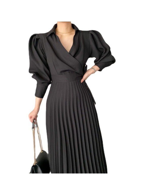 New lapel side bow tie waist show thin bubble sleeve pleated dress 