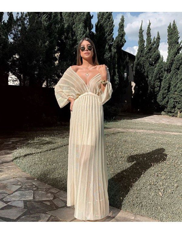 Summer new European and American women's sexy slim dress V-neck shawl sleeve hollow white skirt 