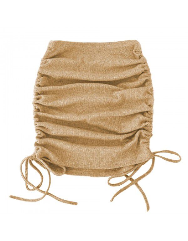 Spring and autumn women's knitting thread side drawcord elastic pleated skirt sexy slim adjustable hip skirt 