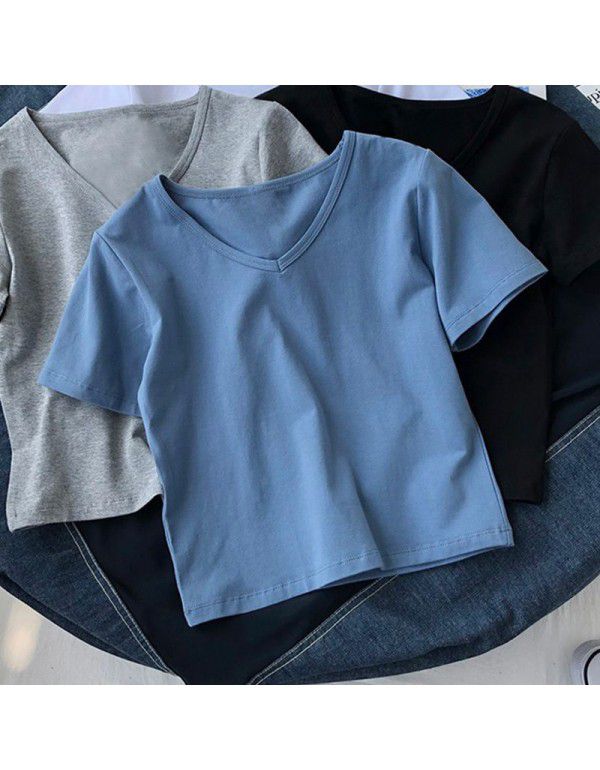 Ins high-waisted short top v-neck short-sleeved t-shirt women's summer clothes fashion hong kong style chic half-sleeved solid color t-shirt 