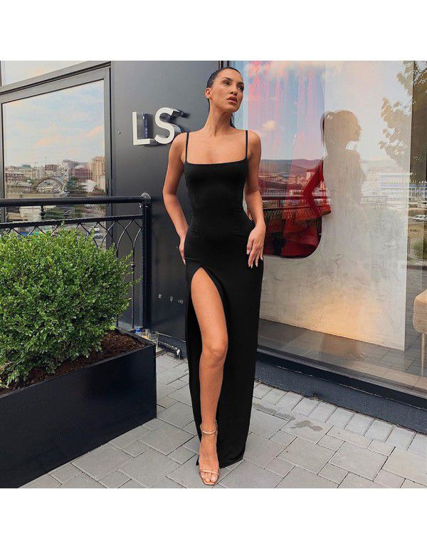 Summer New Women's Slim Slim Fit Open Back Sexy Split Dress with Slim Drop Neck