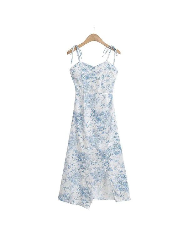 Spring Slim Slim Floral Slim Dress French Slim Slim Side Split Long Print Dress 