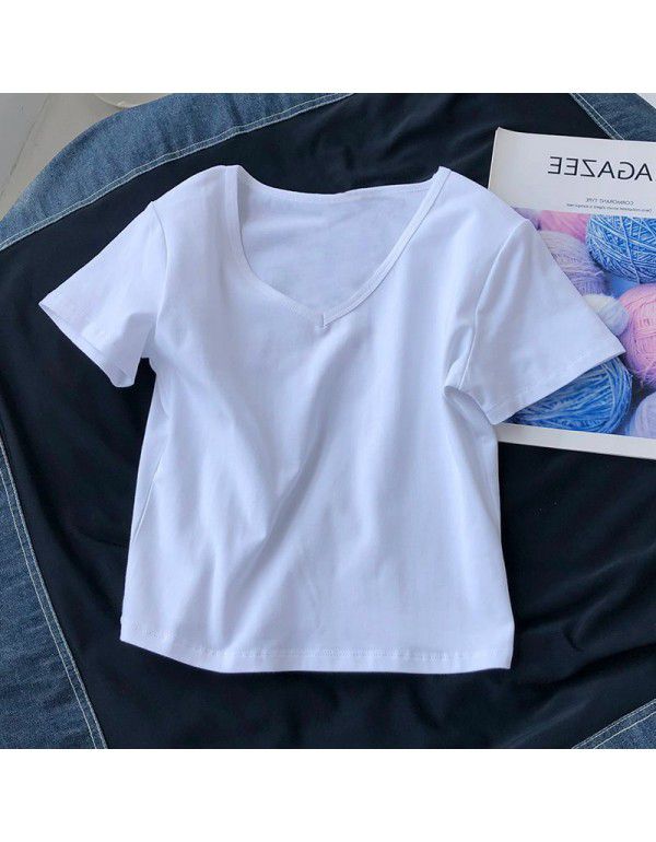 Ins high-waisted short top v-neck short-sleeved t-shirt women's summer clothes fashion hong kong style chic half-sleeved solid color t-shirt 