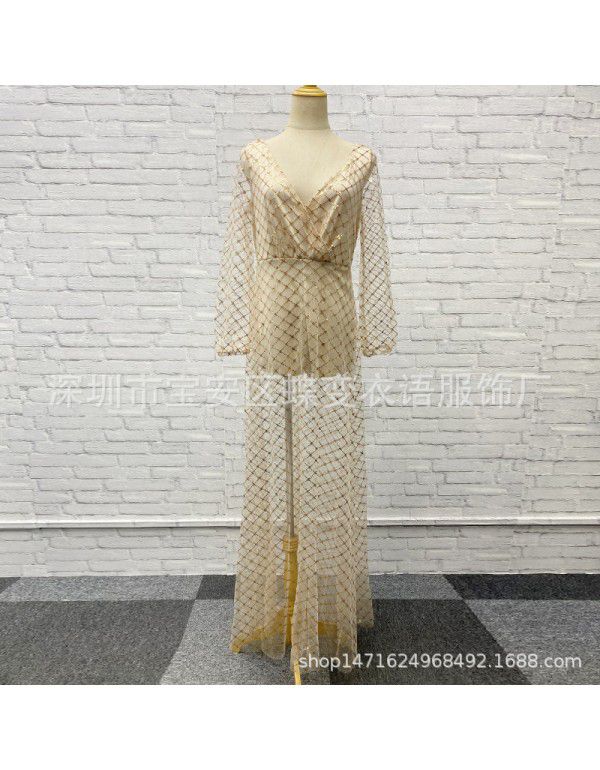 Sexy V-neck open back plaid sequin long evening dress perspective dress 