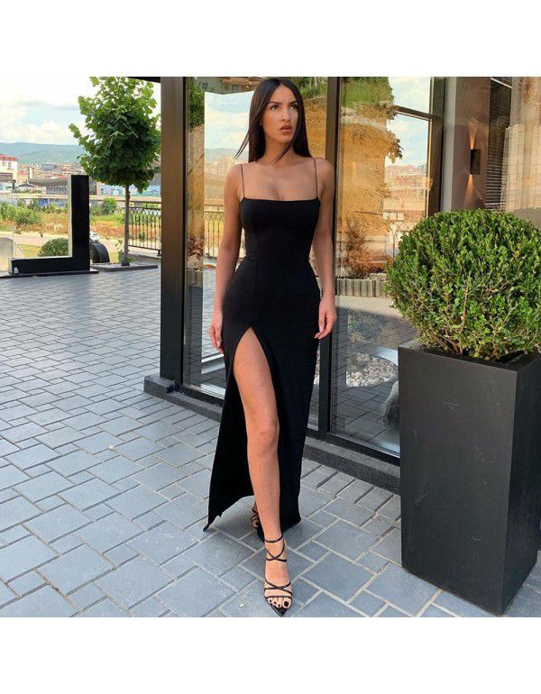 Summer New Women's Slim Slim Fit Open Back Sexy Split Dress with Slim Drop Neck