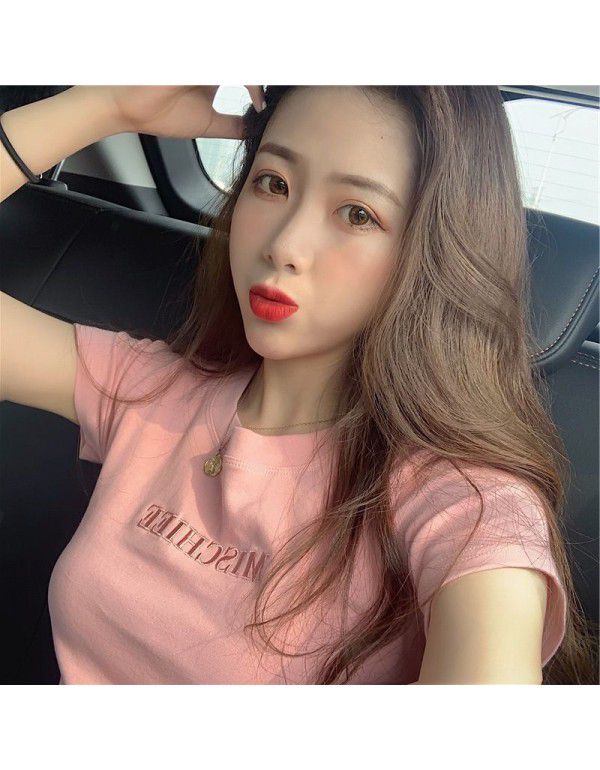 Letter Embroidery 2021 Summer South Korea New Short Sleeve T-shirt Female Slim Student Clothing Female Top Women's Clothing Wholesale 
