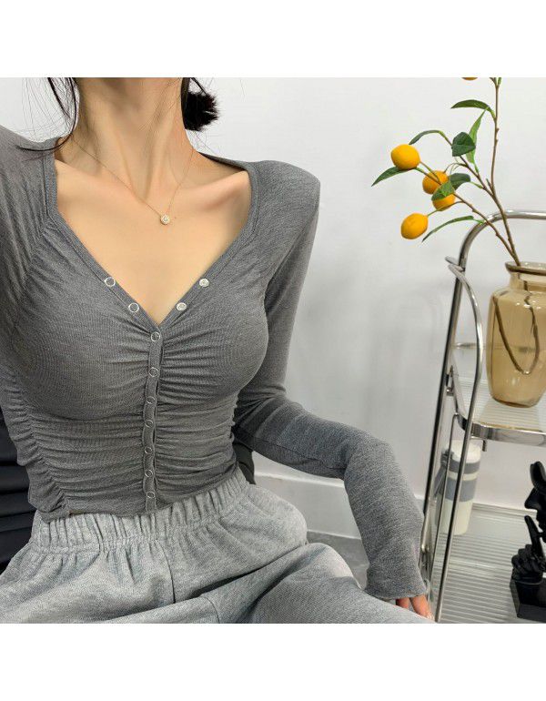 Spicy Girls Spring New Tight Sexy Pleated V-Neck Slim Bottom Shirt Women's Long Sleeve T-shirt Fashion European and American Style 