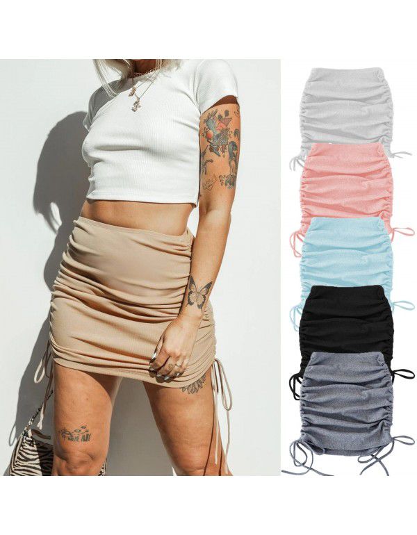 Spring and autumn women's knitting thread side drawcord elastic pleated skirt sexy slim adjustable hip skirt 