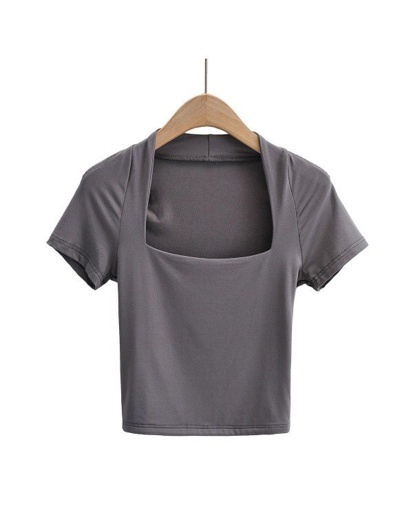 Low cut square neck, slim fit, open navel, short T-shirt, women's summer new elastic, slim fit, solid color, short sleeve top, fashion