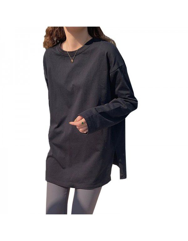 Solid color split long-sleeved T-shirt women's 2022 spring new Korean loose casual top bottom 
