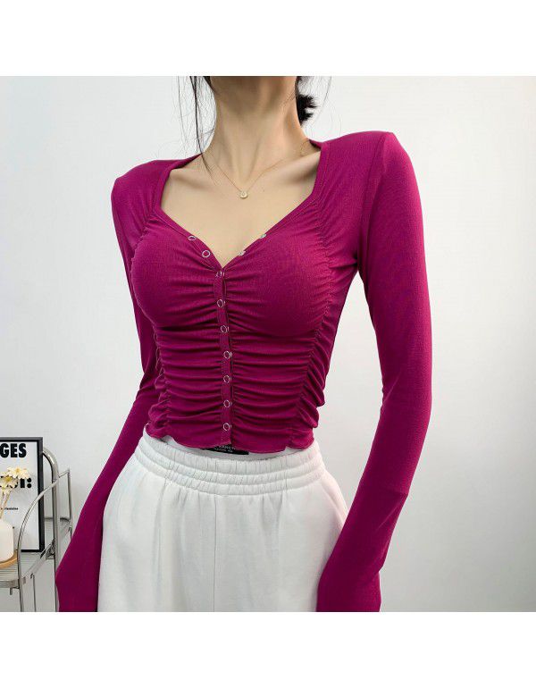 Spicy Girls Spring New Tight Sexy Pleated V-Neck Slim Bottom Shirt Women's Long Sleeve T-shirt Fashion European and American Style 