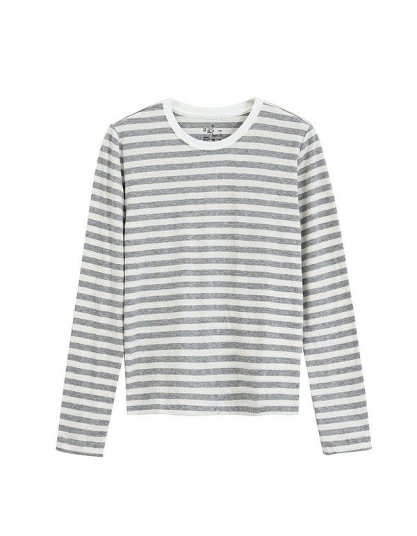 Non-printed Japanese high-quality long-sleeved T-shirt Women's pure cotton striped T-shirt Indian cotton T-shirt Tianzhu woven round neck T-shirt 