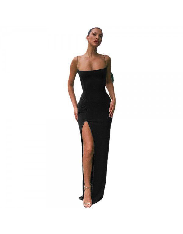 Summer New Women's Slim Slim Fit Open Back Sexy Split Dress with Slim Drop Neck