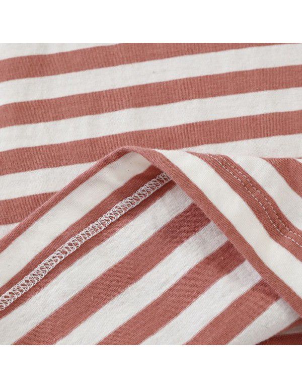 Non-printed Japanese high-quality long-sleeved T-shirt Women's pure cotton striped T-shirt Indian cotton T-shirt Tianzhu woven round neck T-shirt 