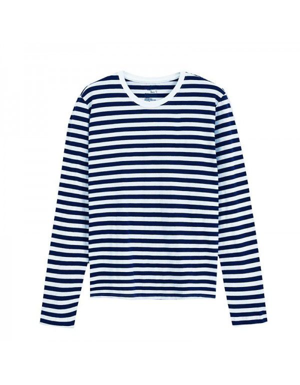 Non-printed Japanese high-quality long-sleeved T-shirt Women's pure cotton striped T-shirt Indian cotton T-shirt Tianzhu woven round neck T-shirt 