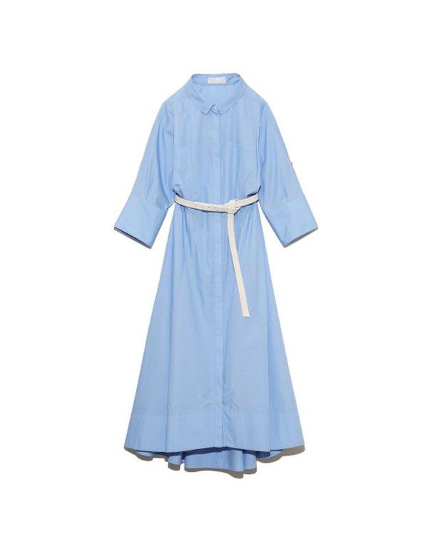 Women's new spring and summer lapel belt three-quarter sleeve shirt temperament women's medium length dress 