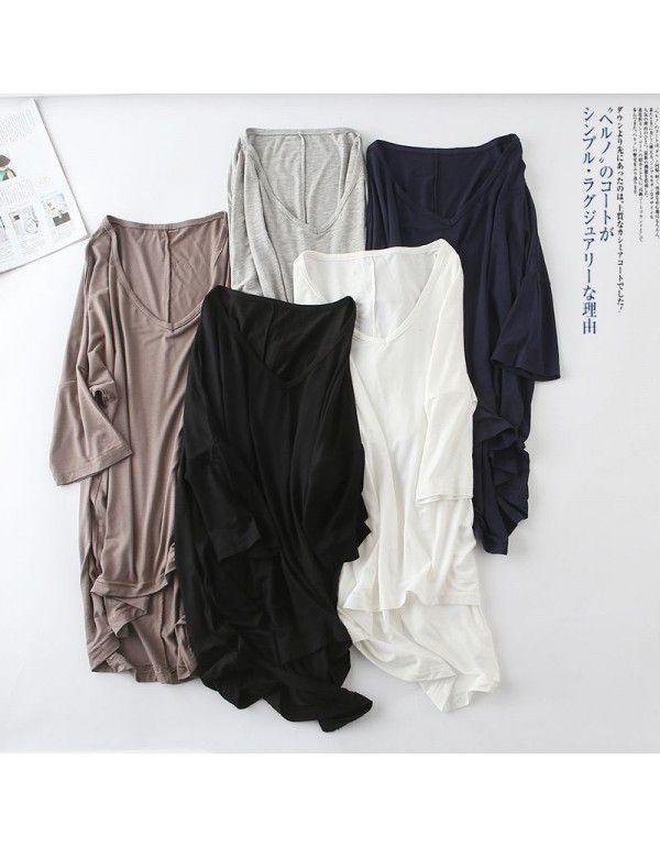 Spring and summer new Modal bat sleeve medium sleeve t-shirt women's casual Korean V-neck solid color large half sleeve bottom shirt 