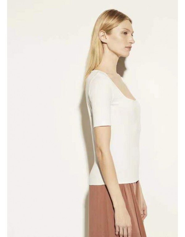 Cotton temperament commuting square neck short sleeve slim fitting solid color T-shirt black&white 