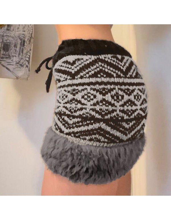 Sen style retro style fur patchwork lace up wool woven skirt in autumn and winter contrast color low waist spicy girl wrap hip skirt